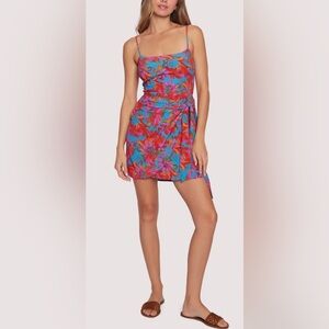 Lost + Wander Hydra Springs Red Blue Floral Wrap Mini Dress Strappy M Medium